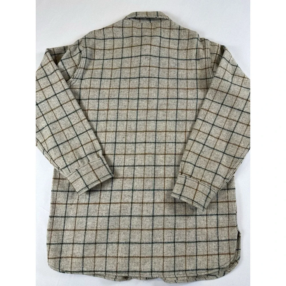 Vtg WOOLRICH Wool Shacket Shirt Jacket Heavy Plaid Tan Brown Green Overshirt Med